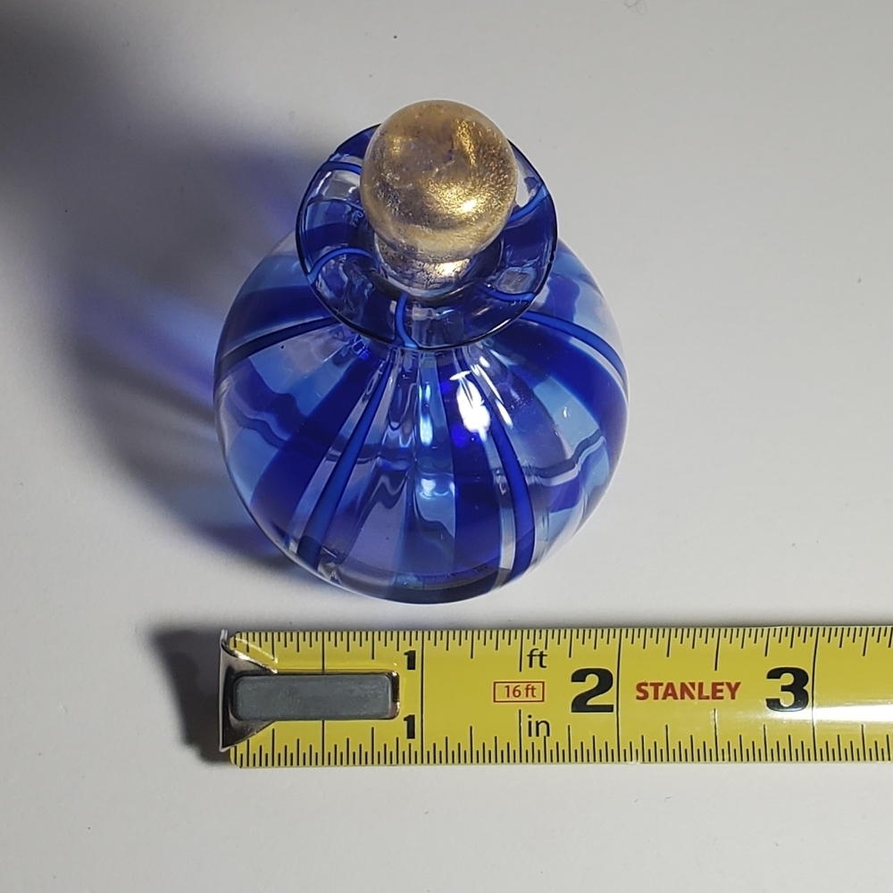 VINTAGE MURANO Glass Perfume Bottle 2 Piece Gold Top, Cobalt Blue Ribbon Strands - Picture 10 of 13